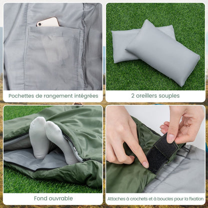 Sac De Couchage Pour 2 Personnes Avec 2 Oreillers Résistant Au Vent Et Imperméable Idéal Pour Voyages Camping Et Activités Extérieures Vert