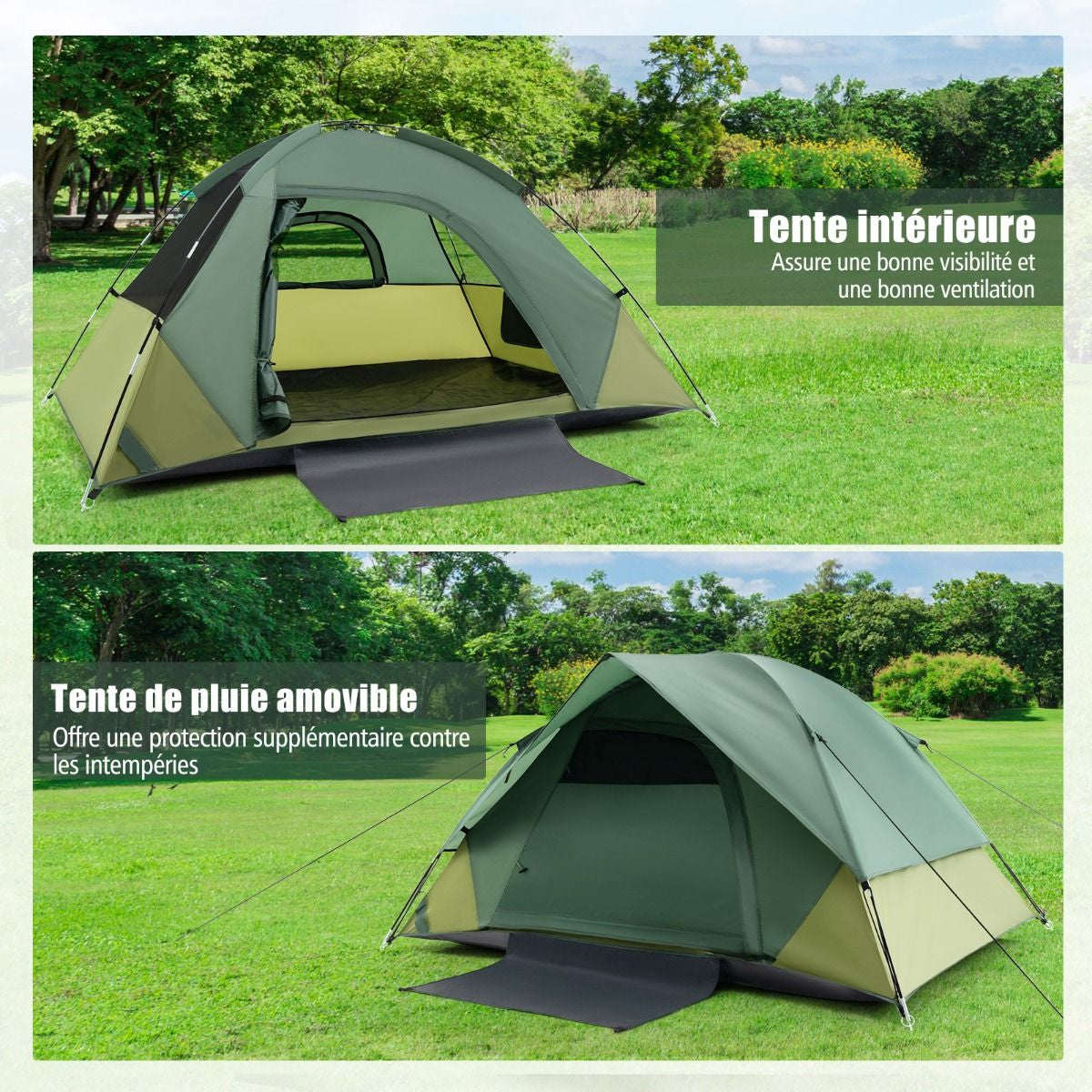 Tente De Camping Pour 2 Personnes Tente Dôme Avec Toit Amovible Porte Double Couches 2 Fenêtres En Maille Sac De Transport 216X156X116Cm Vert