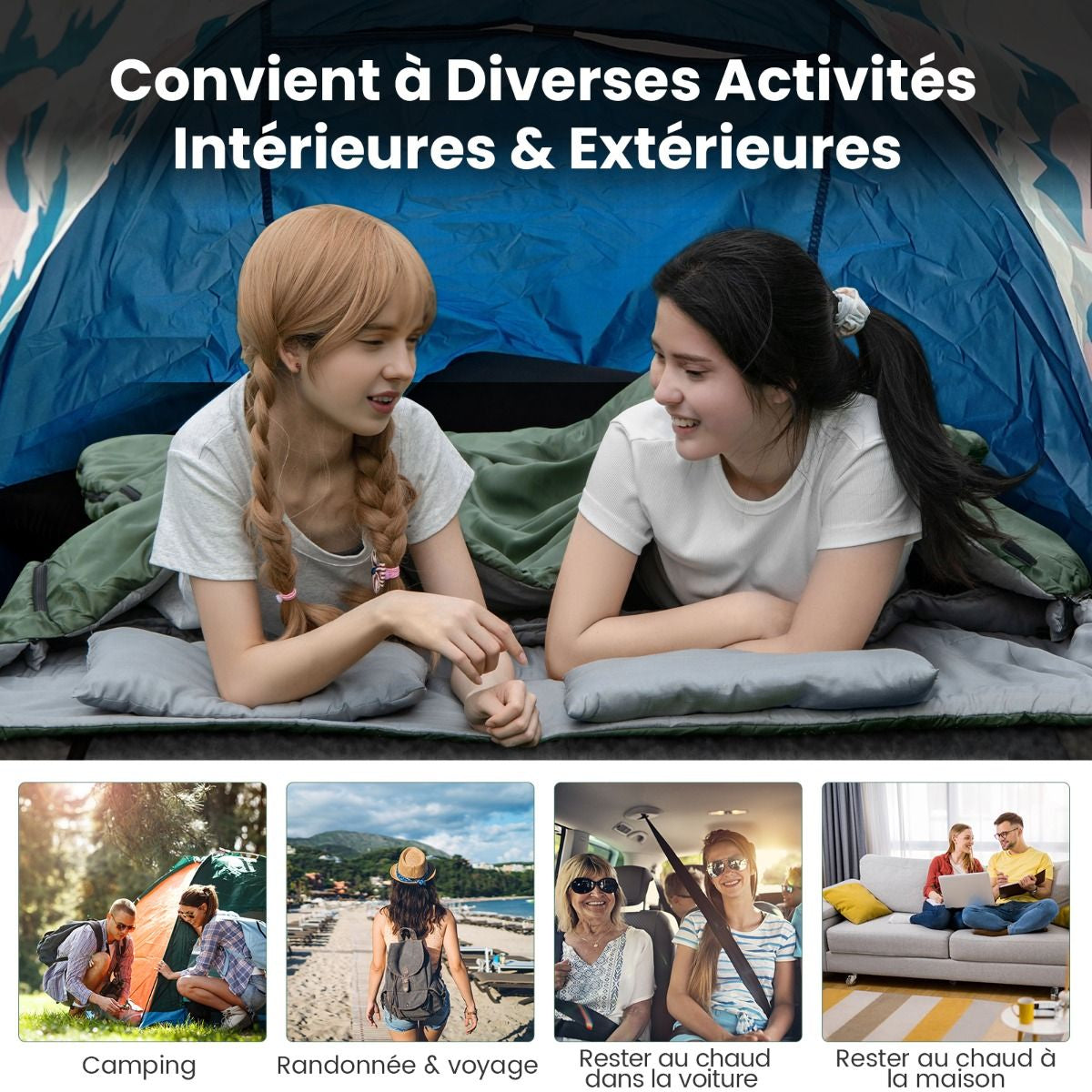 Sac De Couchage Pour 2 Personnes Avec 2 Oreillers Résistant Au Vent Et Imperméable Idéal Pour Voyages Camping Et Activités Extérieures Vert