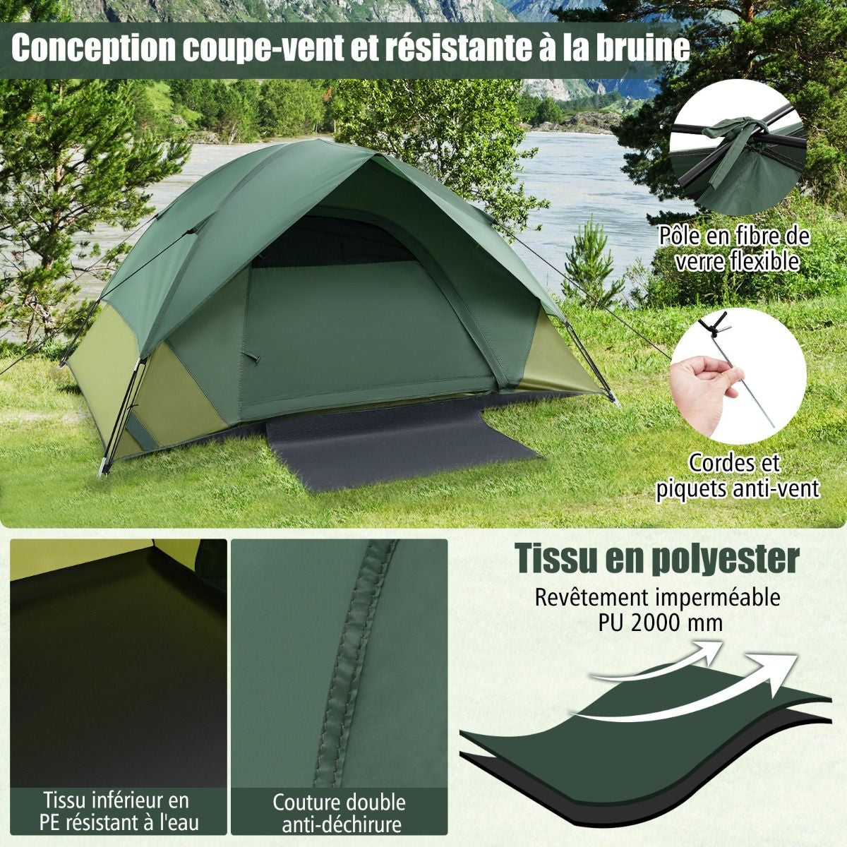 Tente De Camping Pour 2 Personnes Tente Dôme Avec Toit Amovible Porte Double Couches 2 Fenêtres En Maille Sac De Transport 216X156X116Cm Vert