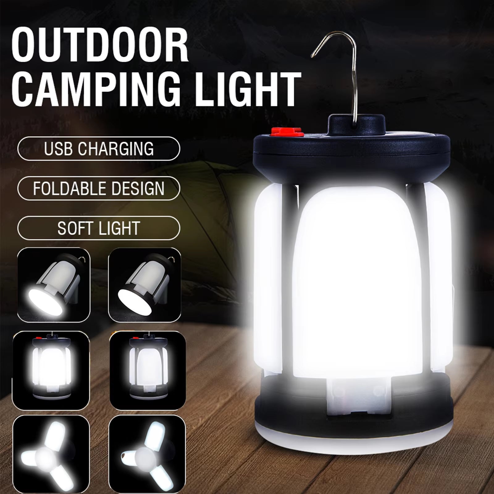 High Power Solar LED Camping Lantern Rechargeable 4500Mah 1000LM Emergency Power Bank Foldable 6 Light Modes for Camping Fishing