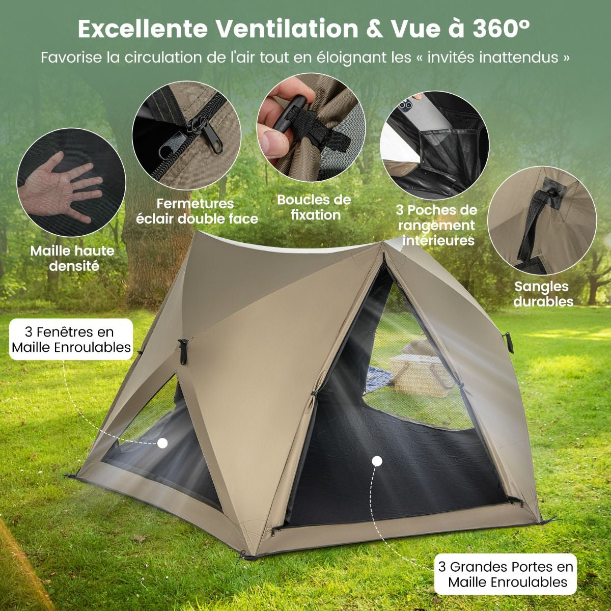 Tente De Camping Pour 4-6 Personnes Tente Imperméable À 6 Côtés Avec Auvent Puits De Lumière 3 Portes Sac De Transport 285X250X147Cm Vert