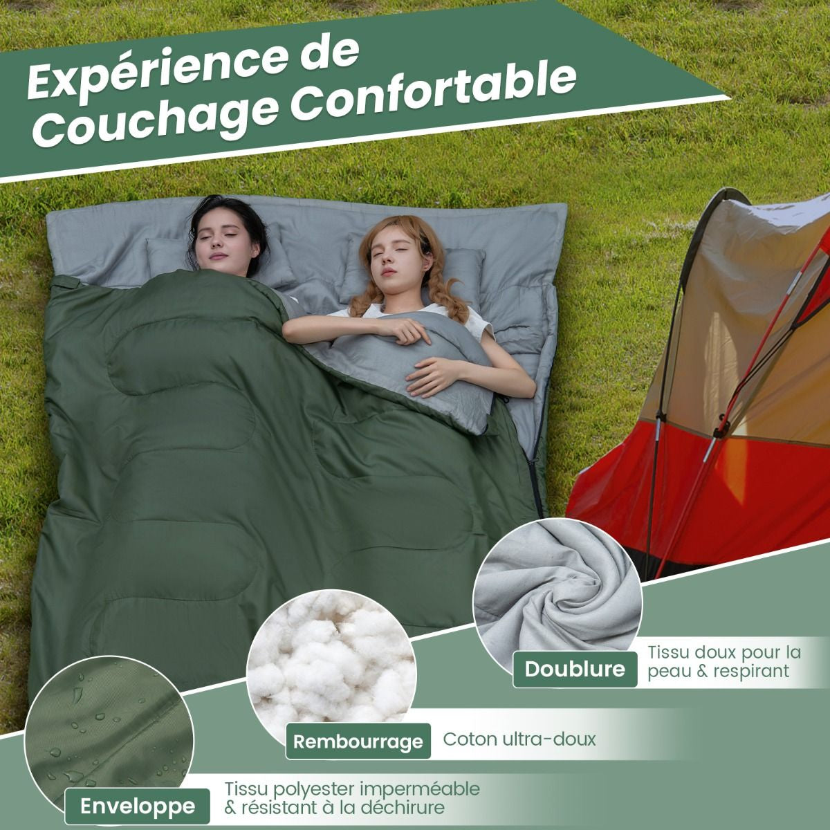 Sac De Couchage Pour 2 Personnes Avec 2 Oreillers Résistant Au Vent Et Imperméable Idéal Pour Voyages Camping Et Activités Extérieures Vert