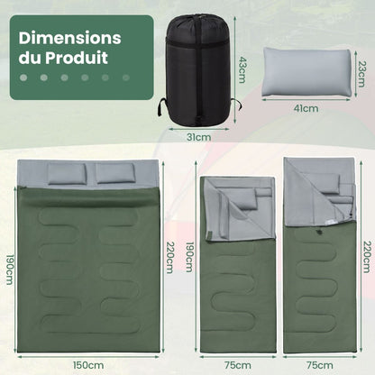 Sac De Couchage Pour 2 Personnes Avec 2 Oreillers Résistant Au Vent Et Imperméable Idéal Pour Voyages Camping Et Activités Extérieures Vert