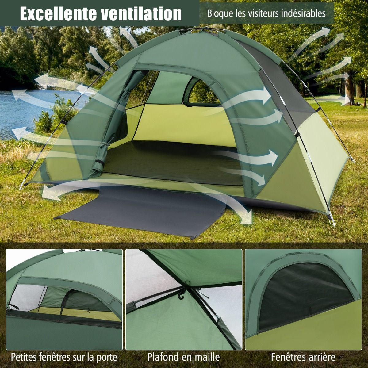 Tente De Camping Pour 2 Personnes Tente Dôme Avec Toit Amovible Porte Double Couches 2 Fenêtres En Maille Sac De Transport 216X156X116Cm Vert