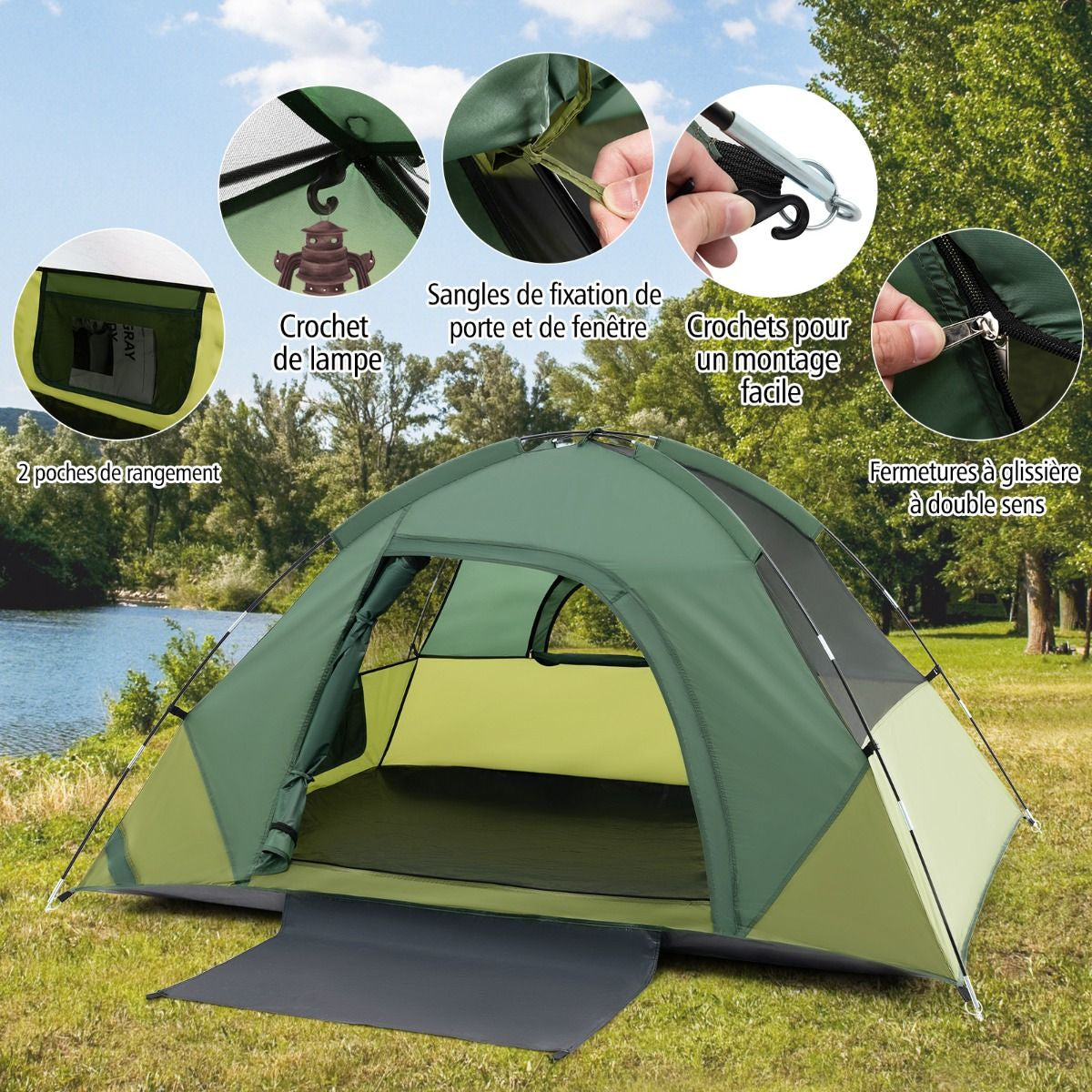 Tente De Camping Pour 2 Personnes Tente Dôme Avec Toit Amovible Porte Double Couches 2 Fenêtres En Maille Sac De Transport 216X156X116Cm Vert