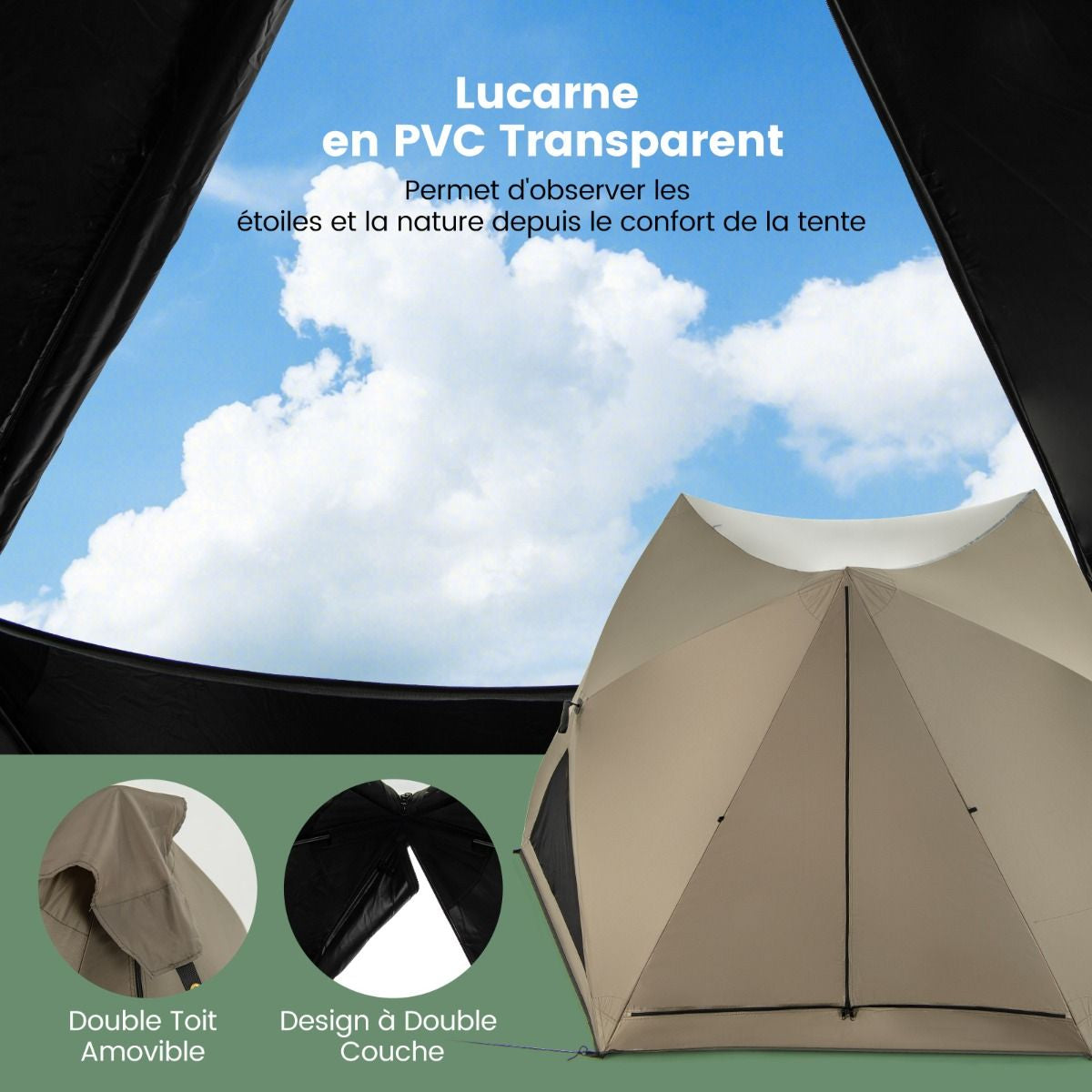 Tente De Camping Pour 4-6 Personnes Tente Imperméable À 6 Côtés Avec Auvent Puits De Lumière 3 Portes Sac De Transport 285X250X147Cm Vert