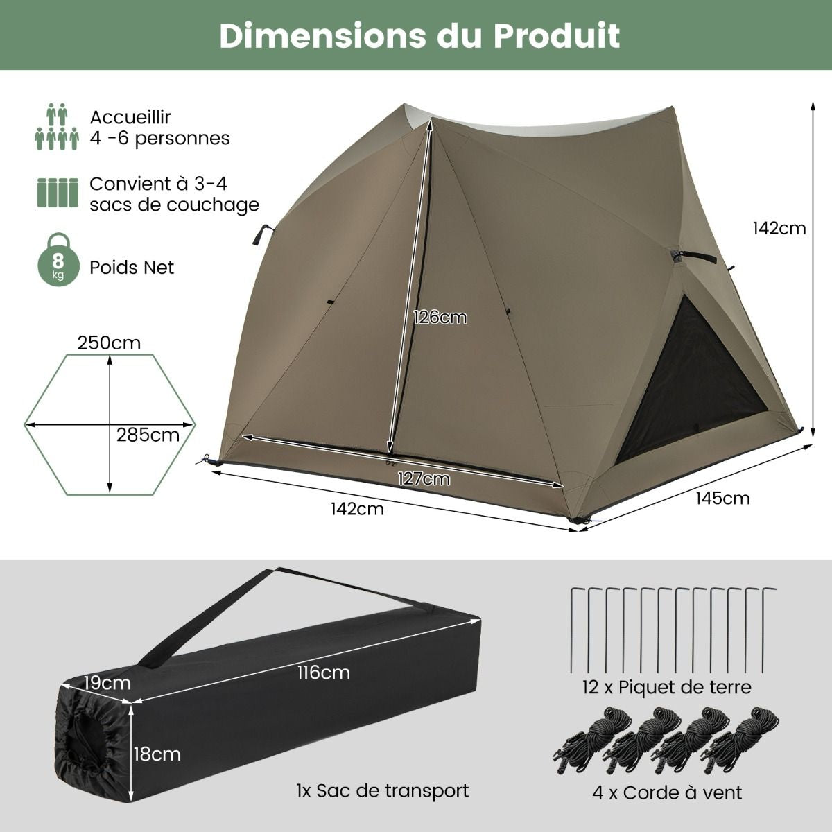 Tente De Camping Pour 4-6 Personnes Tente Imperméable À 6 Côtés Avec Auvent Puits De Lumière 3 Portes Sac De Transport 285X250X147Cm Vert