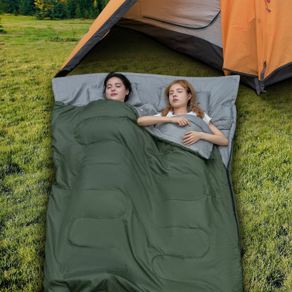 Sac De Couchage Pour 2 Personnes Avec 2 Oreillers Résistant Au Vent Et Imperméable Idéal Pour Voyages Camping Et Activités Extérieures Vert