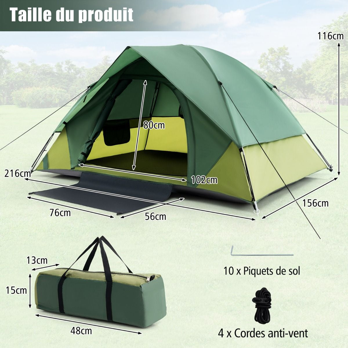 Tente De Camping Pour 2 Personnes Tente Dôme Avec Toit Amovible Porte Double Couches 2 Fenêtres En Maille Sac De Transport 216X156X116Cm Vert