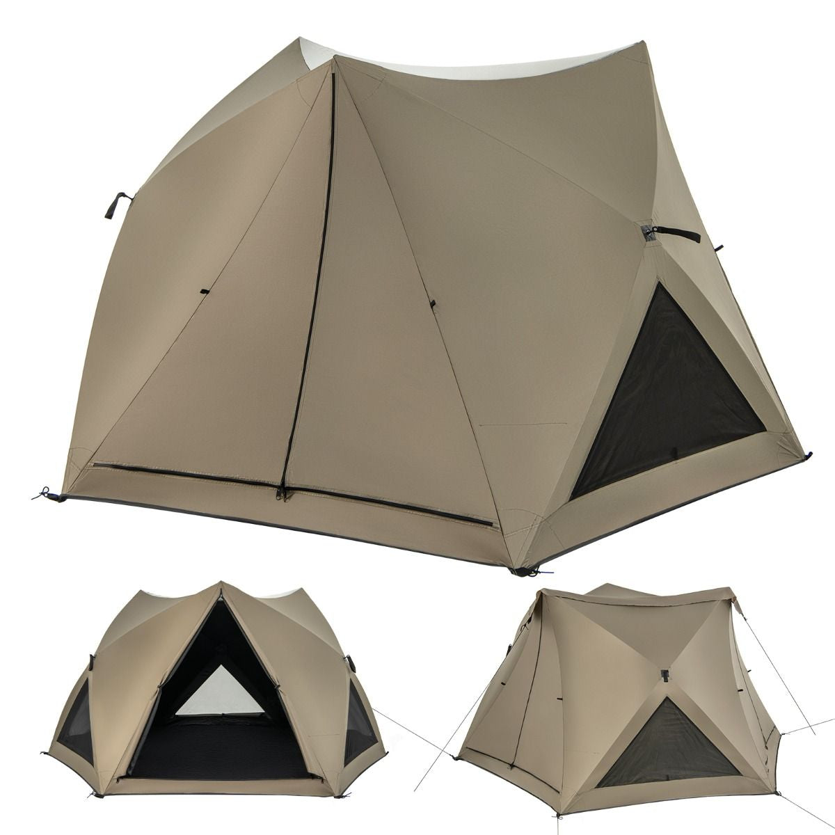 Tente De Camping Pour 4-6 Personnes Tente Imperméable À 6 Côtés Avec Auvent Puits De Lumière 3 Portes Sac De Transport 285X250X147Cm Vert