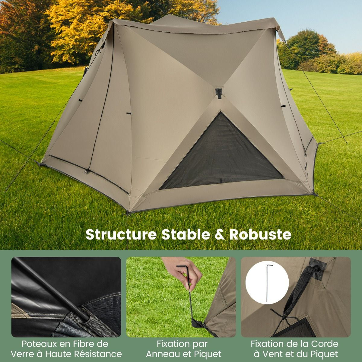 Tente De Camping Pour 4-6 Personnes Tente Imperméable À 6 Côtés Avec Auvent Puits De Lumière 3 Portes Sac De Transport 285X250X147Cm Vert