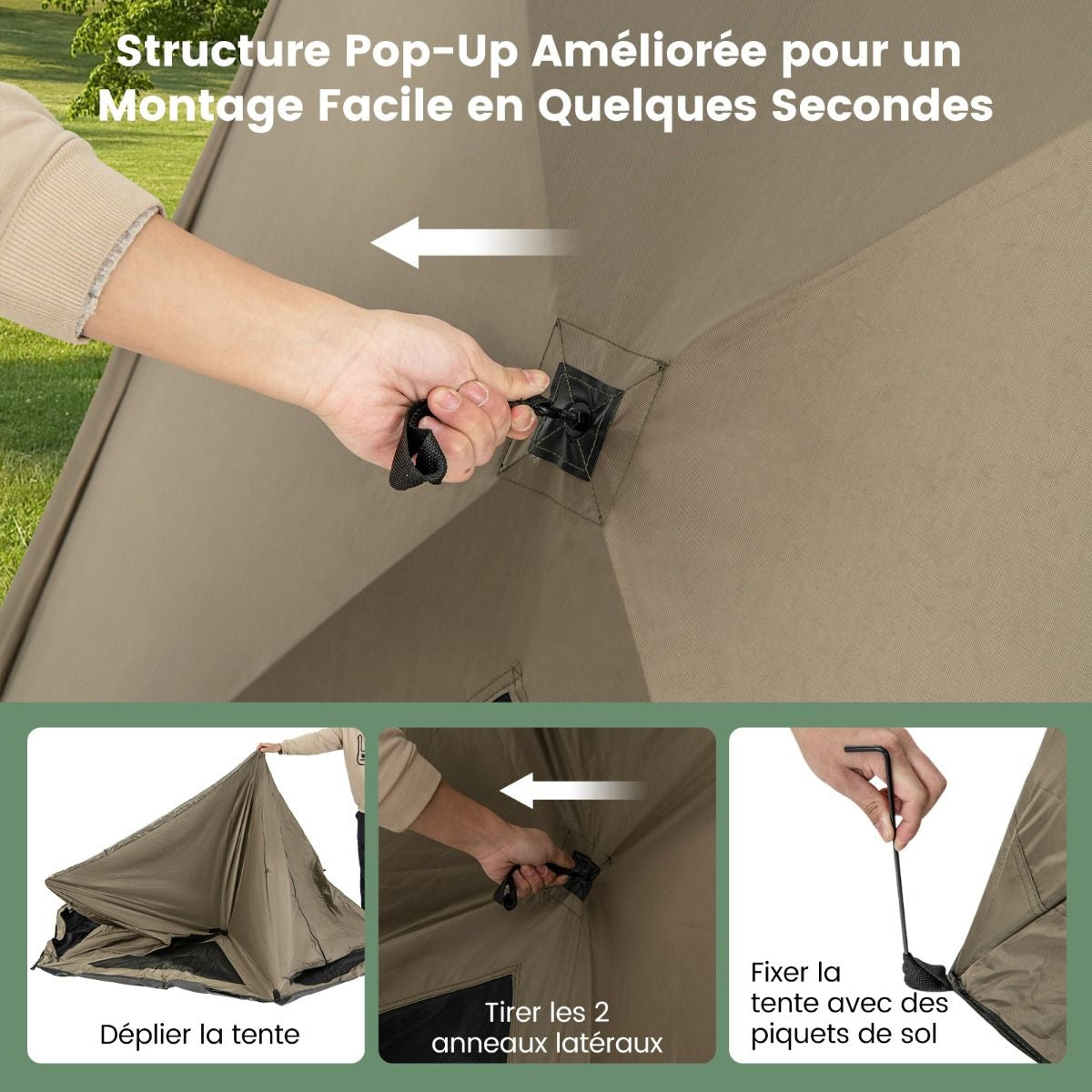 Tente De Camping Pour 4-6 Personnes Tente Imperméable À 6 Côtés Avec Auvent Puits De Lumière 3 Portes Sac De Transport 285X250X147Cm Vert