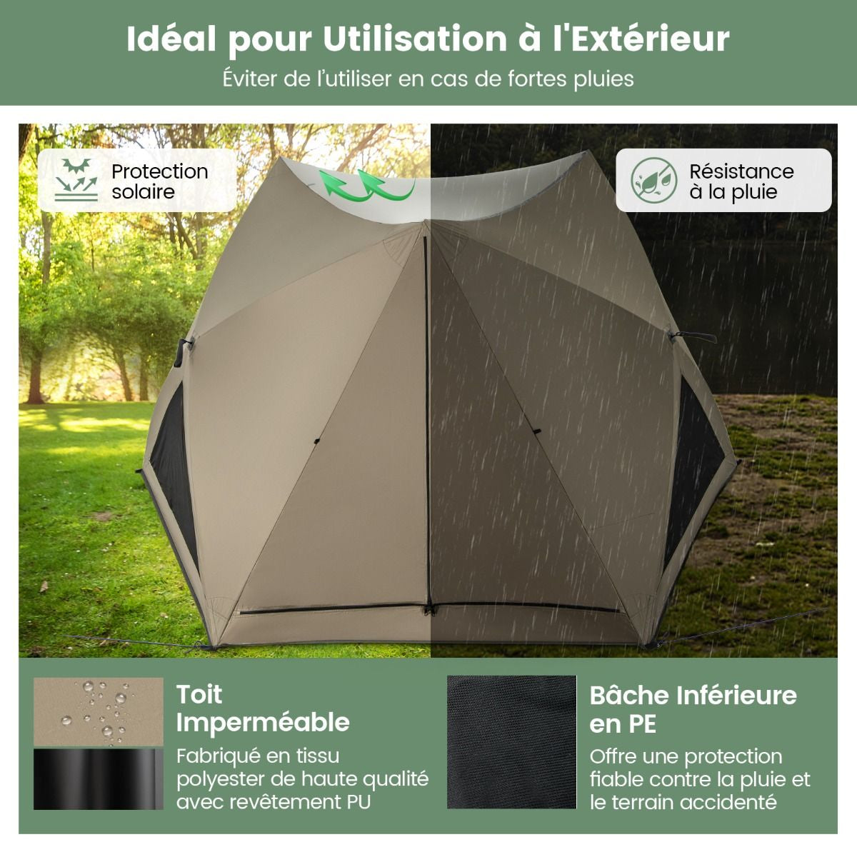 Tente De Camping Pour 4-6 Personnes Tente Imperméable À 6 Côtés Avec Auvent Puits De Lumière 3 Portes Sac De Transport 285X250X147Cm Vert