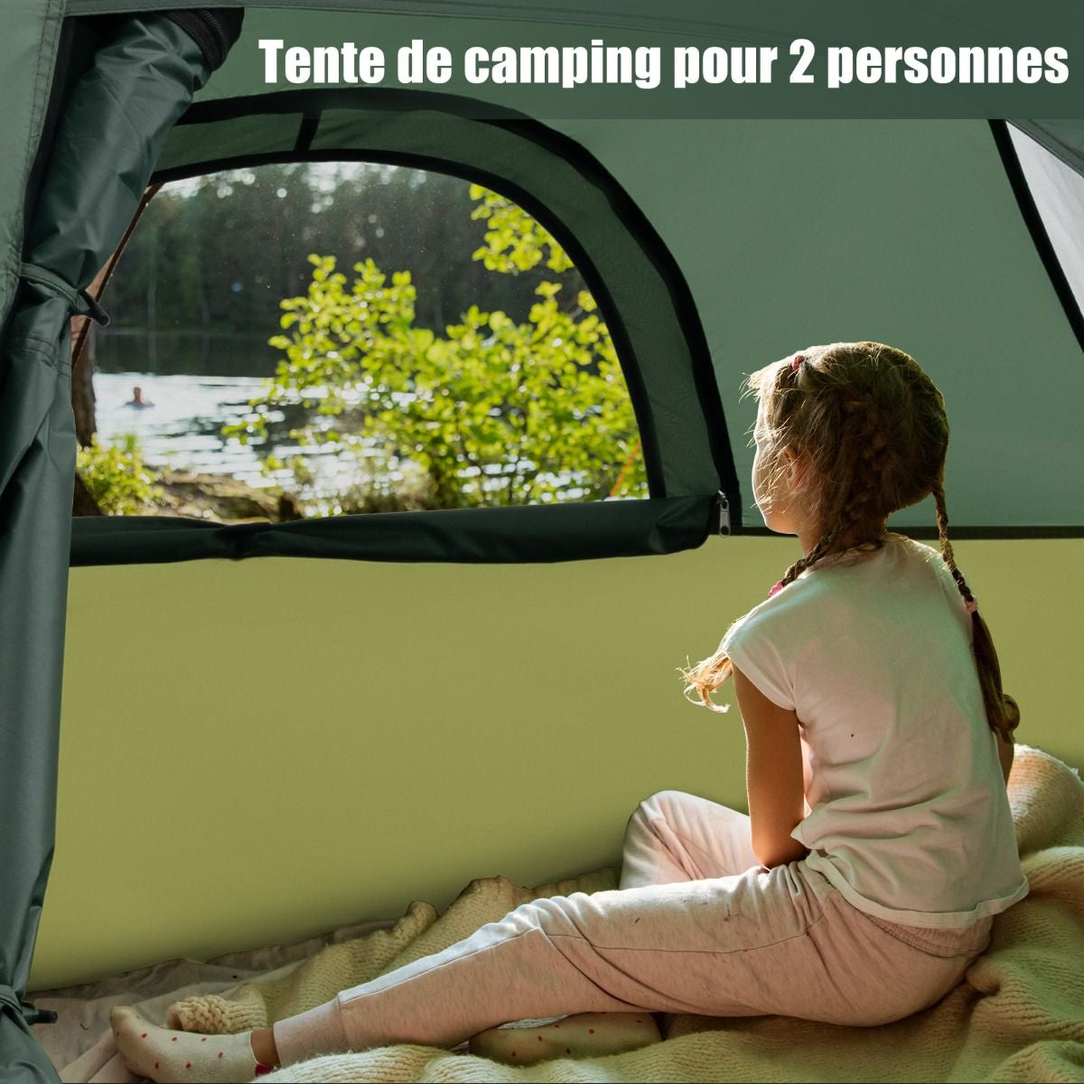 Tente De Camping Pour 2 Personnes Tente Dôme Avec Toit Amovible Porte Double Couches 2 Fenêtres En Maille Sac De Transport 216X156X116Cm Vert