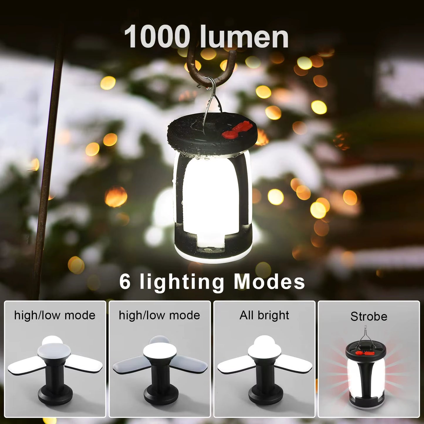 High Power Solar LED Camping Lantern Rechargeable 4500Mah 1000LM Emergency Power Bank Foldable 6 Light Modes for Camping Fishing